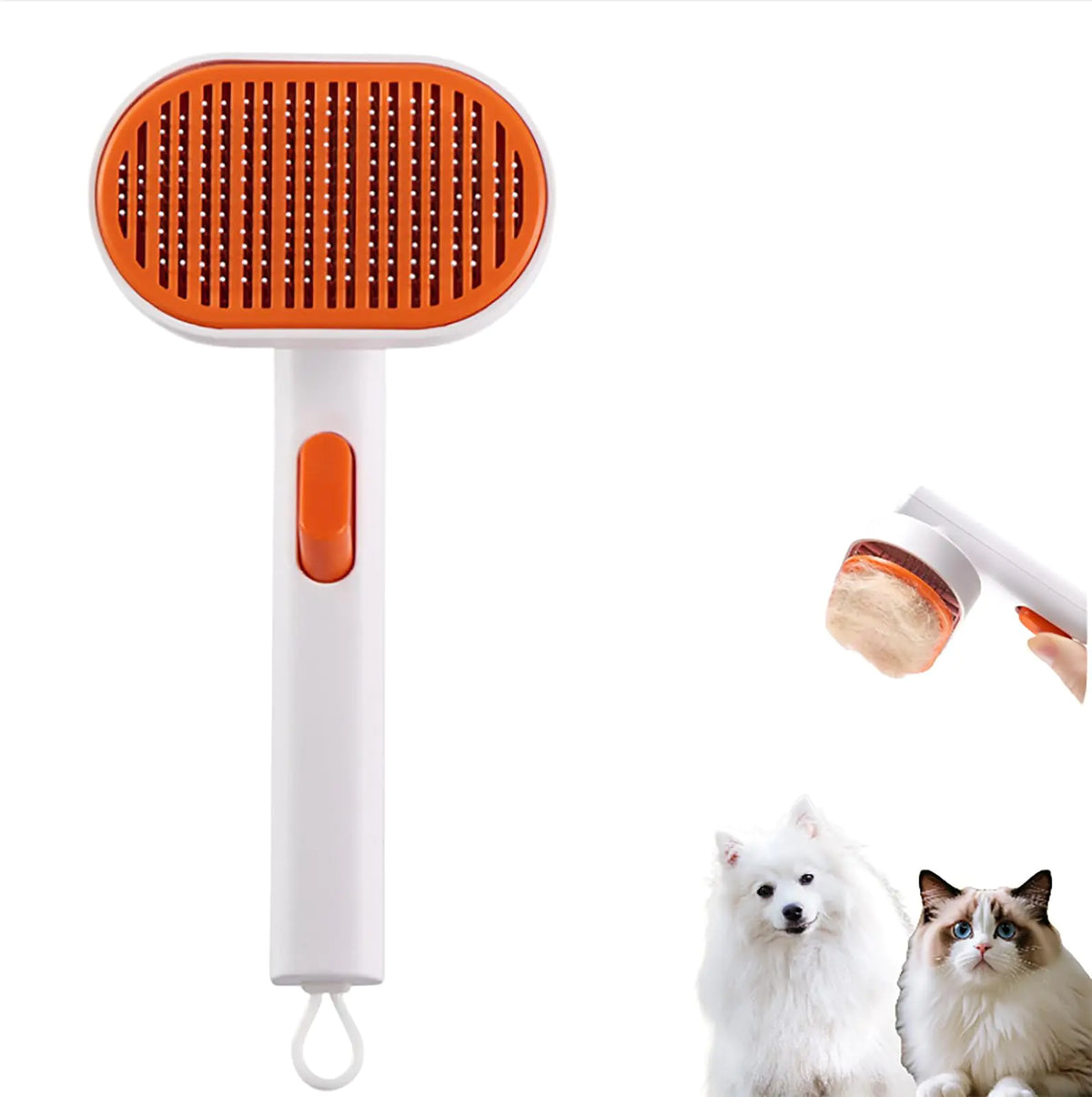Self-cleaning cat deshedding brush with retractable pin release button
