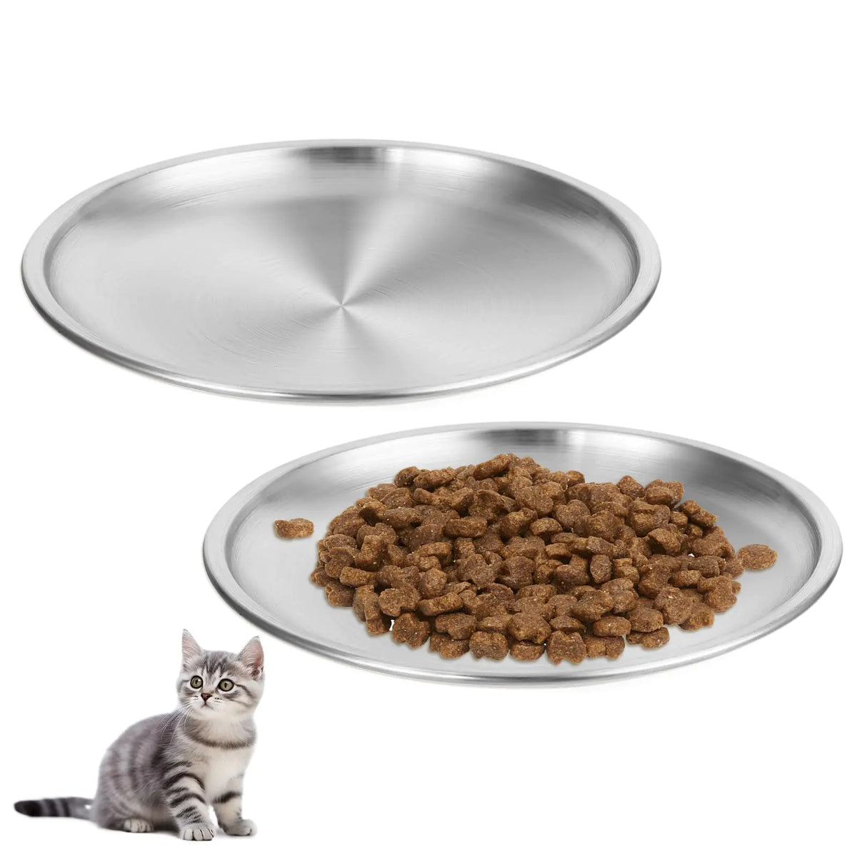 Two wide shallow stainless steel cat bowls, whisker friendly