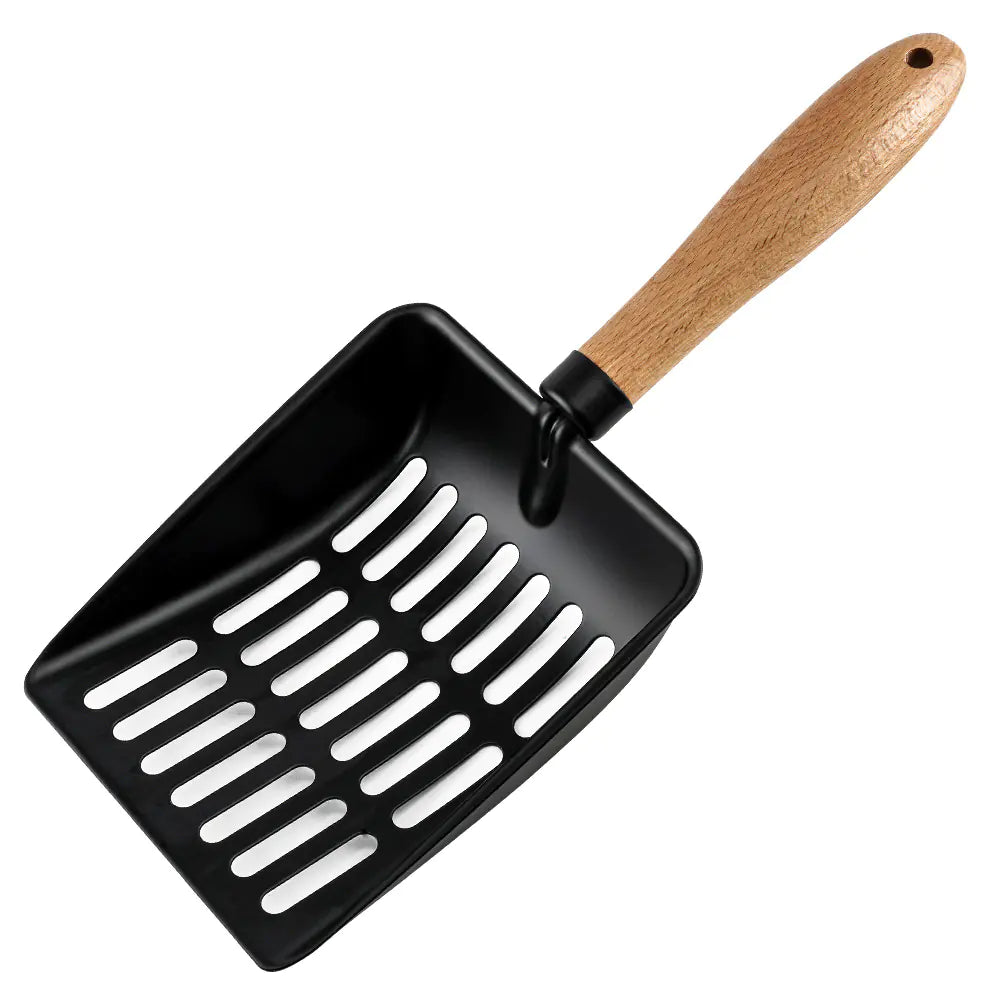 Black matte stainless steel cat litter scoop with fine sifting holes