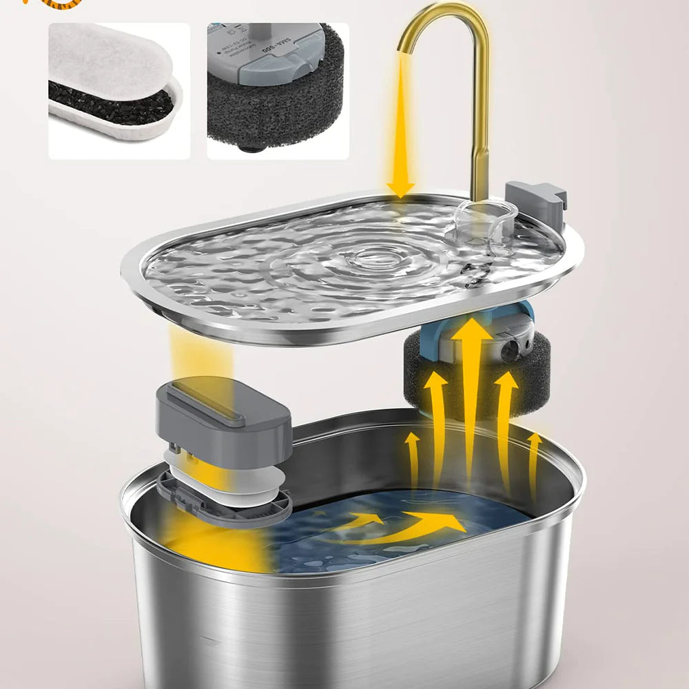 Stainless steel cat water fountain, angled view